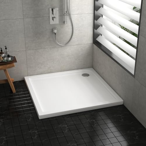 Shower Tray Square Pearlstone 800 x 800mm Gloss White Slimline 40mm Stone Resin Base + 90mm Free Waste