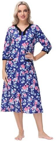 Verve Jelly Women Zipper Front House Coat Short Sleeves Robe Zip up Bathrobes Floral Nightgown with Pockets Blue 2 XL