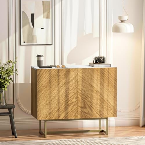 roomfitters Kommode Sideboard, Küchenschrank mit Oberseite in Marmoroptik, Sideboard Buffet Schrank mit Fischgrätenmuster, Küchenschrank mit Push-to-Open Schranktüren, Eiche, Goldfarbene Metallbeine