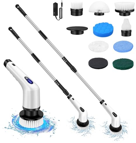 Electric Spin Scrubber, Cordless Cleaning Brush with 9 Replaceable Brush Heads and Adjustable Extension Handle, Power Cleaning Brush for Cleaning Bathroom Bathtub Kitchen Tile Floor