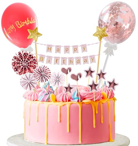 Foshird 17 Stück Tortendeko Mädchen Happy Birthday Cake Topper Geburtstag Torten Deko mit Luftballons Banner Papierfächer Stern Herz Kuchen Deko für Cupcake Geburstagstorte Party