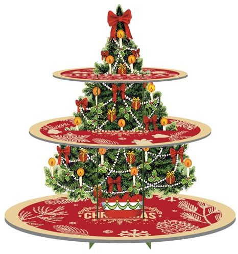 BASTOUR Alzata per Cupcake di Natale, Supporto per Cupcake di Natale, Alzata per Torte in Cartone, 3 livelli Supporto per Cupcake di Natale con Albero di Natale, Decorazione per Torte di Natale
