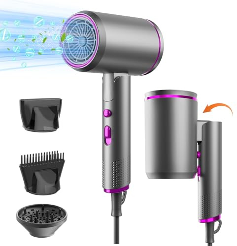 Reisefön Ionen Haartrockner 2400W Föhn Klappbar Klein Faltbarer Haarföhn mit Diffusor Hair Dryer Haarfön & Zubehör, Faltbarer Haartrockner für Reisen, 3-Temperatureinstellung, Grau/Violett