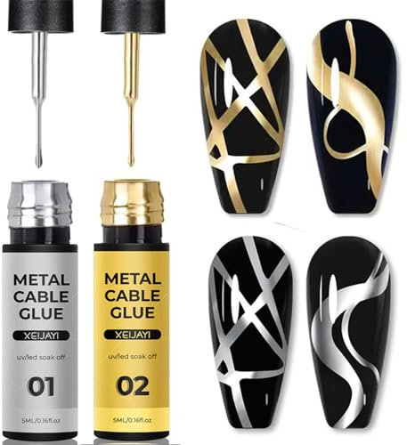 Chrome 2PCS Gold Silver Metallic Gel Nail Polish, 3D Nail Art Painting Liner, Glitter Metallic Effect French Manicure Soak off UV/LED Gel Nail Art Manicure