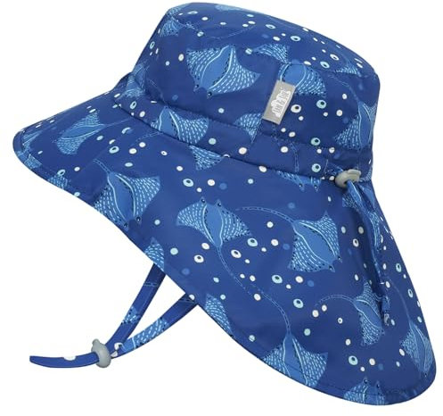 Jan & Jul Jungen Schnell trocknender Sonnenhut mit Nackenschutz für Schwimmen, Strandhut für Kleinkinder und Kinder (L: 2-5 Jahre, Manta Ray)