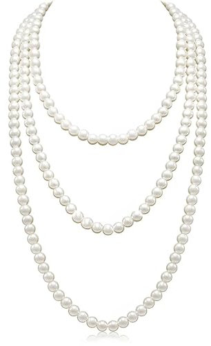 Jidyllic Collier de Perles Art Déco, 150 cm, Perles d'Imitation Blanc, Plastique ABS, Unisex Adulte
