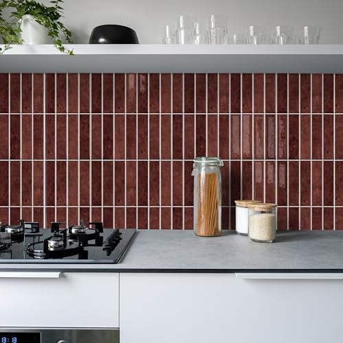Alwayspon 10 Sheet 12''x 12inch Retro Red Subway 3D Self Adhesive Wall Tile Sticker Transfers, Peel and Stick Self Adhesive Waterproof Splashback Stick on Tile Decals for Kitchen Bathroom Wall