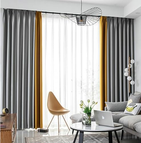 Wycian Landhaus Gardine Gardinen 2er Set Grau Gelb Verdunkelung Zweifarbiges Patchwork H274 x B137 cm (2er Pack) Polyester