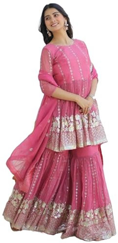 FASHION BAZAR 365 Indischer Damen-Arbeitsanzug 11845 aus reinem Simmar-Stoff und Sharara-Arbeitsanzug, Pink 1, Large
