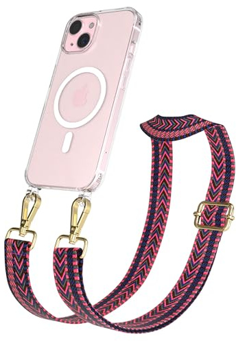 EAZY CASE Handykette - Verstellbares Taschenband kompatibel mit iPhone 15, Schulterriemen, Handykordel mit Silikon Hülle, Qi Charging kompatibel, Umhängetasche, Pink Blau Gold