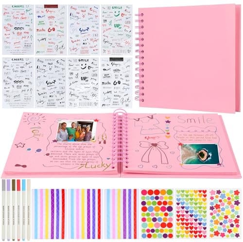 Fotoalbum Zum Selbstgestalten, Fotobuch Zum Selbstgestalten 80 Seiten, Spiralalbum Fotoalben mit 6 Metallic Farbmarker 14 Aufkleber, DIY Geschenk Scrapbooking für Baby Familie Jahrestag (Rosa)