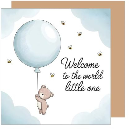 Edition Seidel Premium quadratische Glückwunschkarte zur Geburt mit Umschlag. Karte Grußkarte Babykarte mit englischem Text Welcome Baby Kind Junge Teddy Luftballon (EQ131 SW025)