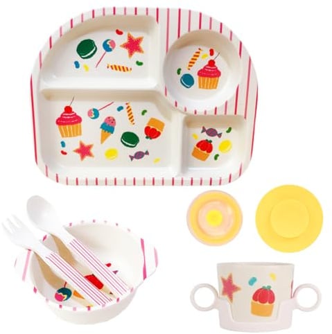 Yuragim Kindergeschirr Set, ohne melamin, 5-teiliges Geschirr Set mit Saugnapf,Baby Menü Tablett, Baby Teller, rutschfest BPA Frei, Teller, Becher mit Deckel,Löffel,Gabel für Kinder, Spülmaschinenfest