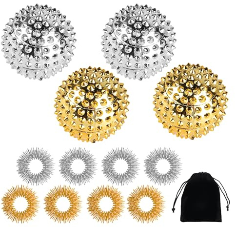 4 Stück Igelball Massage + 8 Stk Akupressur Ringe, Silber&Gold | 47MM Igelbälle Massageringe, Magnetic Acupressure Balls, Magnetische Spiked Massage Ball für Stress Relief