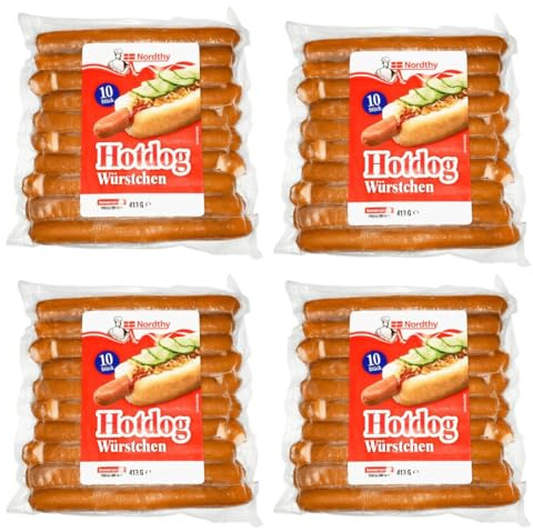 Nordthy Hotdog Würstchen 40 Stück (4x 413g) – Saftige Würstchen im Vorratspack – Ideal für Hot Dogs, Grill & Party – Dänischer Klassiker