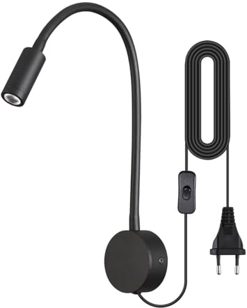 Brightmax Wall Mounted Reading Light LED 3W Warm White 3000K Plug Cord Black Finished