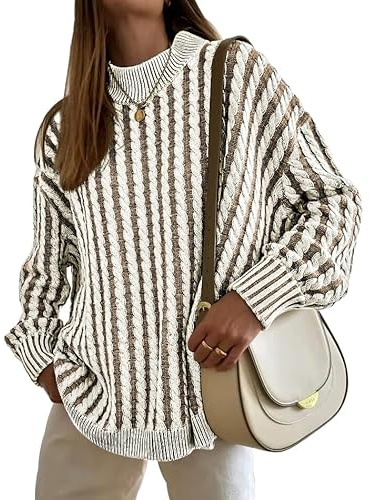 Famulily Women’s Long Sleeve Slouchy Pullover Sweaters Oversized Fall Winter Cable Knit Striped Jumpers Tunic Coffee L