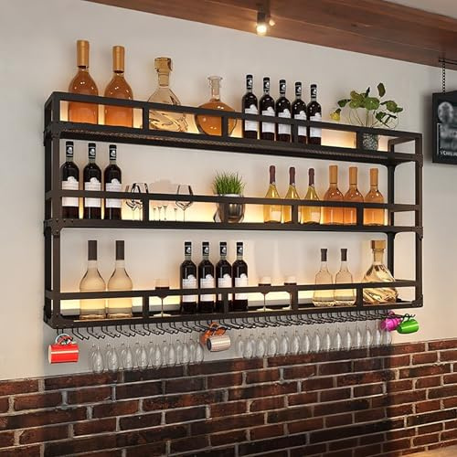 Industrielles Wand-Weinregal mit LED-Beleuchtung,Flaschenregal,3-stufiges Metallregal für Weinflaschen,weinflaschenhalter,elegantes Bar-Regal für Küche Weinkeller(80*25*90cm(31.5*9.8*35.4in))