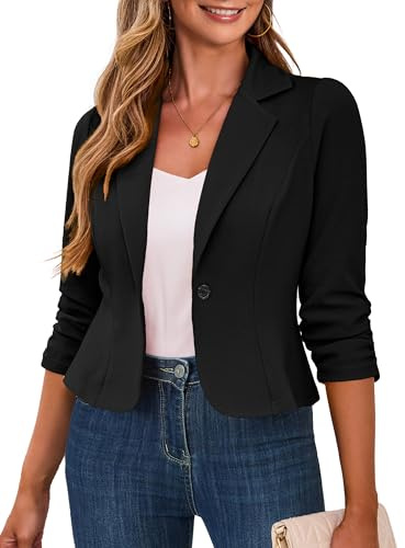 Traleubie Black Cropped Blazer Lapel Collar 3/4 Sleeve Business Work Casual Suit Jackets for Women M