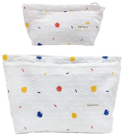 getgto 2 Pcs Makeup Bags, Large Cosmetic Bag Travel Toiletry Bag Organizer for Women, Embroidery Craft, Floral Makeup Bag Small Cosmetic Pouch Purse with Zipper, Gifts for Girls Teen (Colorful Dots)