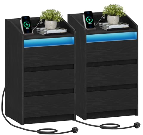 Hzuaneri Bedside Tables Set of 2 with 3 Drawers, Charging Station and LED | Bedside Cabinet, Side Table, 2 AC and 2 USB Ports, Nightstand for Bedroom, Living Room, End table, Black NS40104XUK