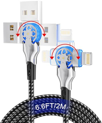 clickfish Dual 90 Degree Lightning Cable - with 180°Rotating Head, 6.6FT Right Angle iPhone Charger Cord, Nylon Braided MFi Fast Charge USB to Lightning Cable for iPhone 14/13/12/11/8/7/6/XS/XR/X
