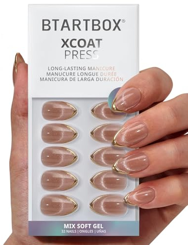 BTArtbox Press On Nails, Gold Drops, Short Almond, French Cat Eye, 32Ct | Lamp-Curable 4-Week Wear, Salon-Quality Natural Nails, 10-Minute Easy Daily Application, 16 Sizes, All-in-One Complete Kit