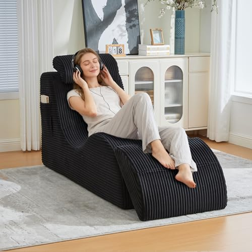 LIFEISLE Moderner Relaxliege mit Kopfstütze, Liegesessel mit Seitentaschen und Abnehmbares Kissen, Cord Sofa, Keine Installation Erforderlich, für Wohnzimmer Lounge und Schlafzimmer, Schwarz
