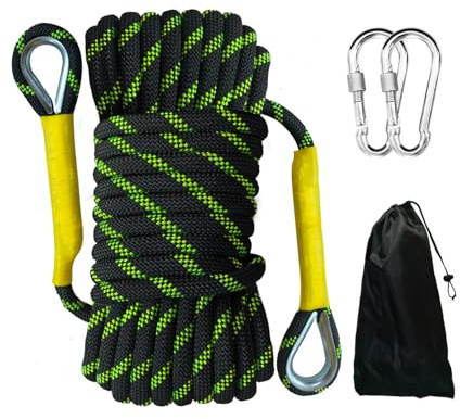HUtzpah 8mm 10m (32Ft) Static Climbing Rope, Low Stretch, Black Reflective | 17KN break strength,2 hooks & bag for rappelling,rescue,rigging,Durable