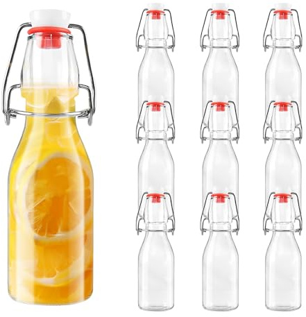 10 Botella Cristal 250ml con Tapón Hermético, Envases reutilizables herméticos, Frascos cerrables para almacenar zumos, aceites, especias y distintos líquidos en el hogar