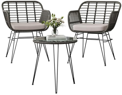 Juego de muebles de jardín para 2 personas, muebles de jardín pequeños, 3 piezas, exterior, 2 sillones con cojines gruesos y 1 mesa de café de cristal, carda de acero, para balcón, terraza, piscina