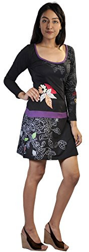 TATTOPANI Ladies Summer Long Sleeve Dress with Leaf and Floral Pattern Print and Embroidery(TDR918BLKL) Black
