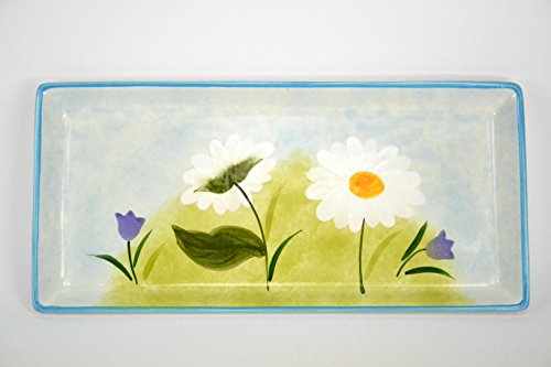 Vassoio Ceramica Rettangolare pitturato a Mano con decori Fiori,Oggetto in Ceramica per la casa e la ristorazione A454 Misure:Lunghezza 34cm,larghezza16cm,H 2,5cm