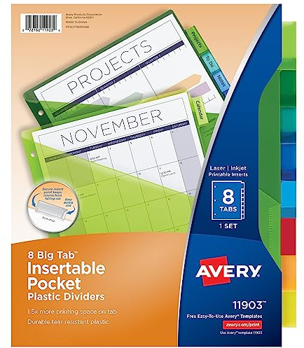 Avery Insertable Plastic Dividers for 3 Ring Binders, 8 Tabs per Set, Big Tabs, One Pocket, Multicolor Binder Dividers, Works with Sheet Protectors (11903)