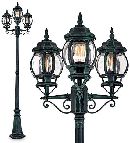 Lampe d'extérieur Kobe, candélabre au look antique, fonte d'aluminium en noir/vert avec disques en plastique, lampe d'allée à 3 branches 215 cm, lampe de jardin rétro/vintage, E27, IP44, sans ampoules