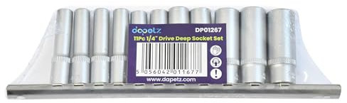 Dapetz ® 11Pc 1/4 Drive Deep Socket Set Chrome Vanadium for Increased Durability Metric 4-13mm On Metal Rail Cr-v Long Reach 6PT Hex for Quick and Convenient Storage