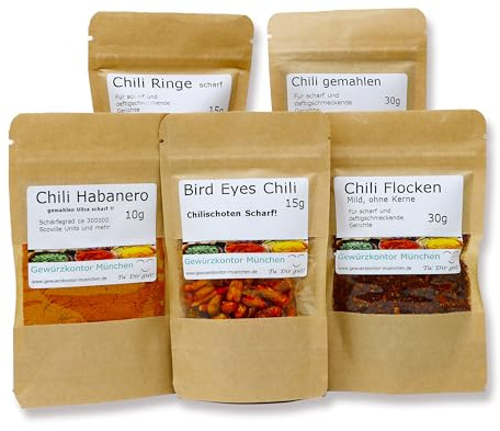 Chili-Probierset-1 mit Chili Habanero, Chili Flocken mild, Bird Eyes Chili, Chili gemahlen,Chili Ringe