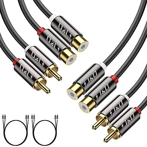 J&D 2RCA a 2RCA Prolunga Cavo 2-Pack, Rame Dorato leggera Heavy Duty 2 RCA Maschio a 2 RCA Femmina Cavo Audio Stereo, Cavo RCA, 0,9 Meter