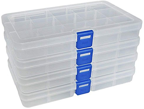 Qualsen Plastik Aufbewahrungsbox Einstellbar Fächer Sortimentskasten Schmuckschatulle Werkzeugcontainer (15 Raster X 4 Packungen, Transparent)