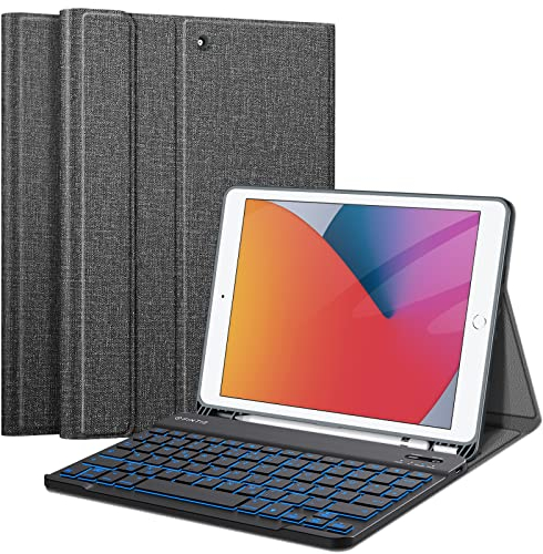 FINTIE Hülle mit Tastatur für iPad 9. / 8. / 7. Generation (10.2 Zoll, 2021/2020/2019), Beleuchtete Magnetisch Abnehmbarer Tastatur mit Schutzhülle, Deutsches QWERTZ-Layout, Dunkelgrau
