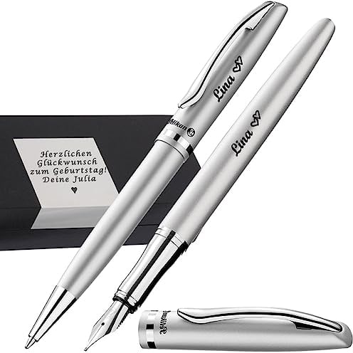 Pelikan - Kugelschreiber und Füller im Set Farbe Silbermatt mit Gravur als Geschenk & Wunschsymbol Geschenkverpackung Schreibgeräte-Set Jazz Elegance Silber 1 Kugelschreiber1 Füllhalter PS61
