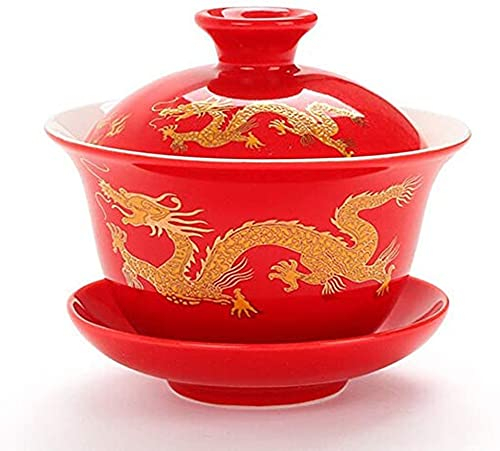 YBK Tech Tasse à thé Kung Fu en porcelaine avec couvercle, bol à thé traditionnel chinois Gaiwan Sancai, motif dragon (rouge légèrement plus grand)