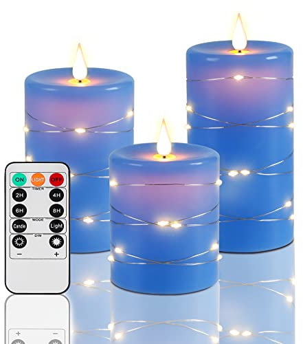 Blue Flameless Candles Fanzir Battery Candle with String Lights Battery Powered LED Pillar Flickering Candles 4'' 5'' 6'' Candles with Remote Control and Timer Set of 3