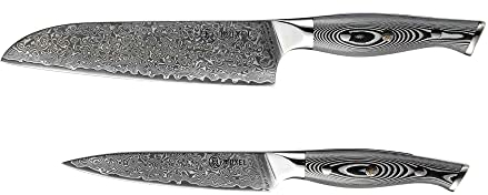 2-tlg Messer Set Damast V10 Edelstahl 62 Lagen Santokumesser, Gemüsemesser extra scharf V - Kante für Links- und Rechtshänder