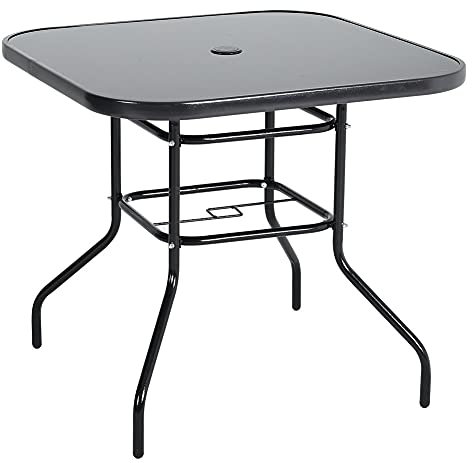 The Fellie Table de jardin d'extérieur avec plateau en verre trempé et trou pour parasol (carré - 80 x 80 x 72 cm)