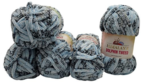Chenille 5 x 100 Gramm Himalaya Dolphin Tweed Strickwolle, 500 Gramm Baby- Wolle zweifarbig gesprenkelt (hellblau schwarz 92007)