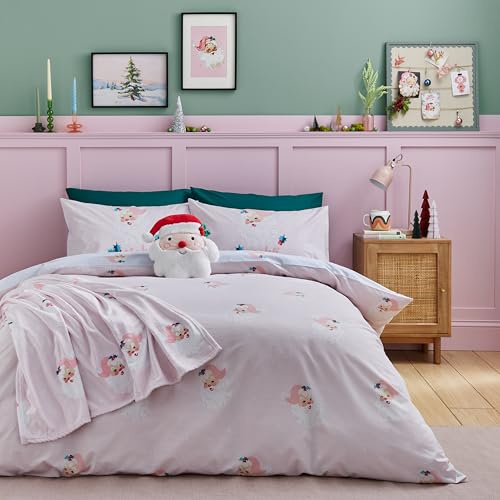 Catherine Lansfield Wende-Bettwäsche-Set mit Kissenbezügen, Vintage-Stil, Weihnachtsmann, Rosa