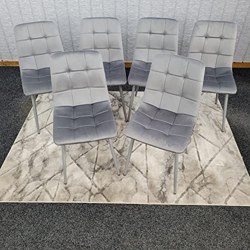 KOSY KOALA Grey Velvet Dining Chairs with Soft Padded Seat Living Room Chairs with Sturdy Metal Legs Kitchen Chairs for Dining Room Living Room Reception Chairs Lounge Chairs (SET OF 6 CHAIRS)