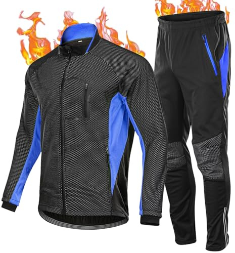 HOMTOL Herren Radjacke set Winter Thermal wasserdicht Winddicht Fahrradjacke Radjacke Winter Thermo Fleece Radtrikot Set Fahrradbekleidung Atmungsaktiv Lange Radhose Radjacke + Fahrradhose