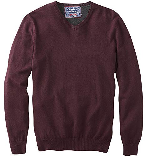 Charles Wilson Jersey de Punto Fino de Algodón Cuello Pico para Hombre (L, Red Berry (0422))